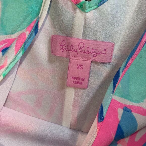 Lilly Pulitzer XS Silk Floral Dress Pink Blue Green Spaghetti Strap Slip Dress - Picture 3 of 5